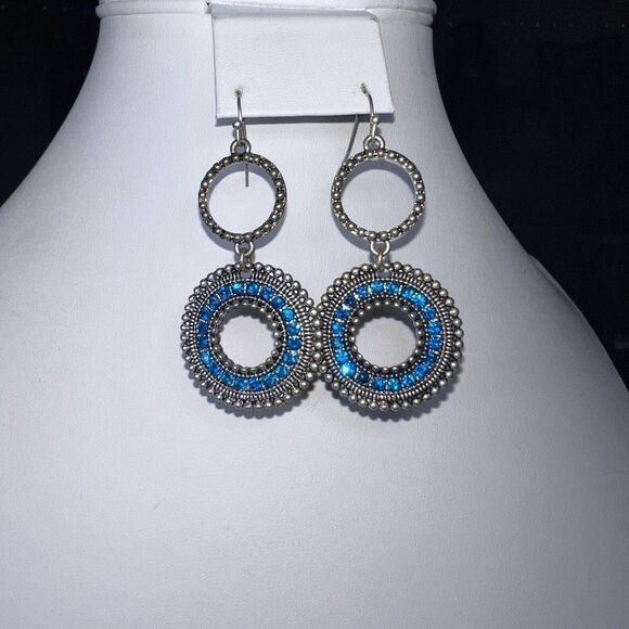 Boho Silver Tone Circle Dangle Earrings with Turquoise Blue Crystals - Picture 2 of 8